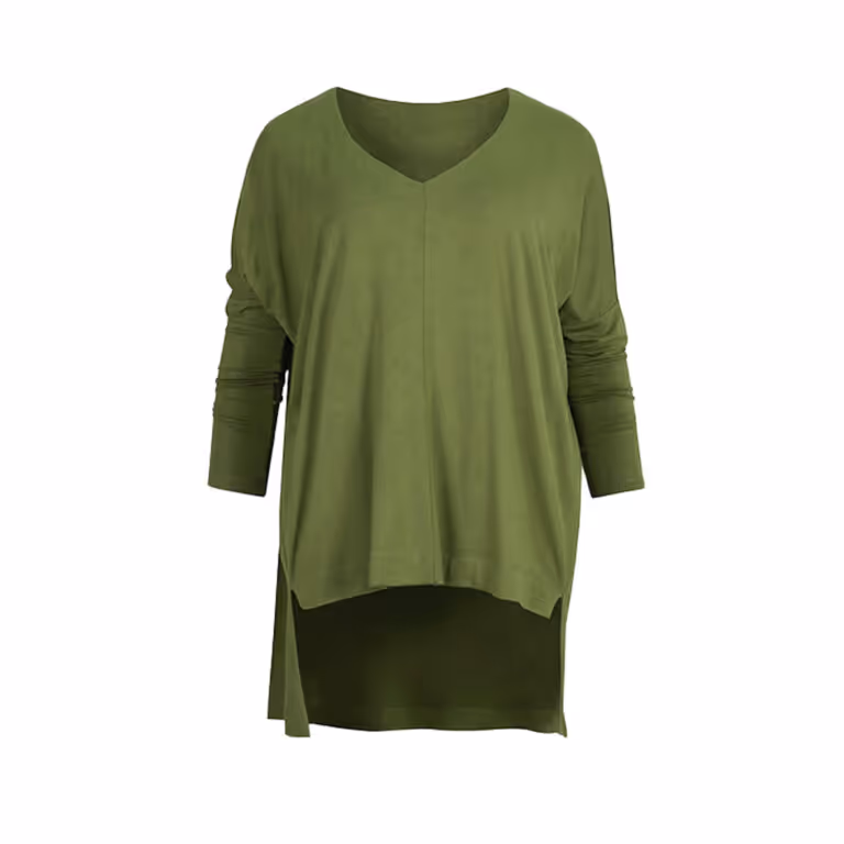 Ghost mannequin photograph of an olive green long-sleeve top